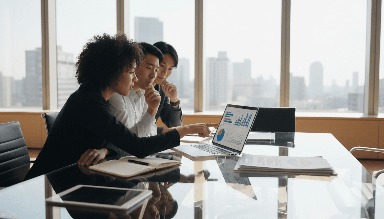 Professional team collaborating on business strategy in a modern office