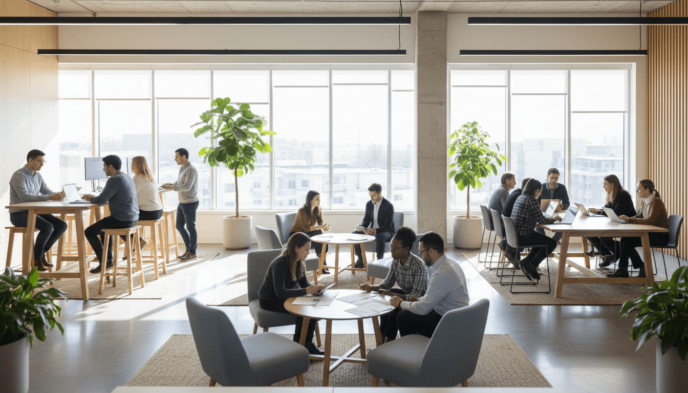 Modern collaborative workspace with diverse professionals working together in an office environment