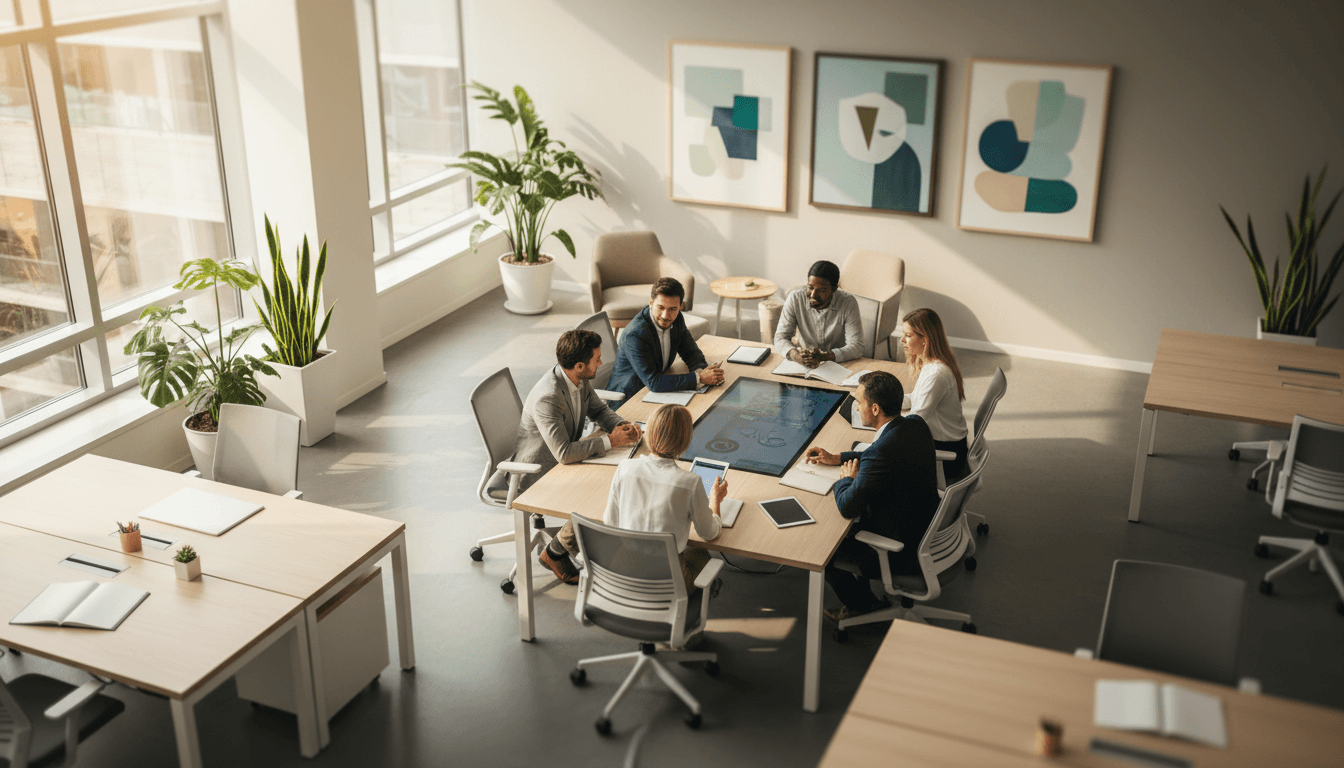 Two professionals reviewing offshore staffing documentation together in a modern Dallas office